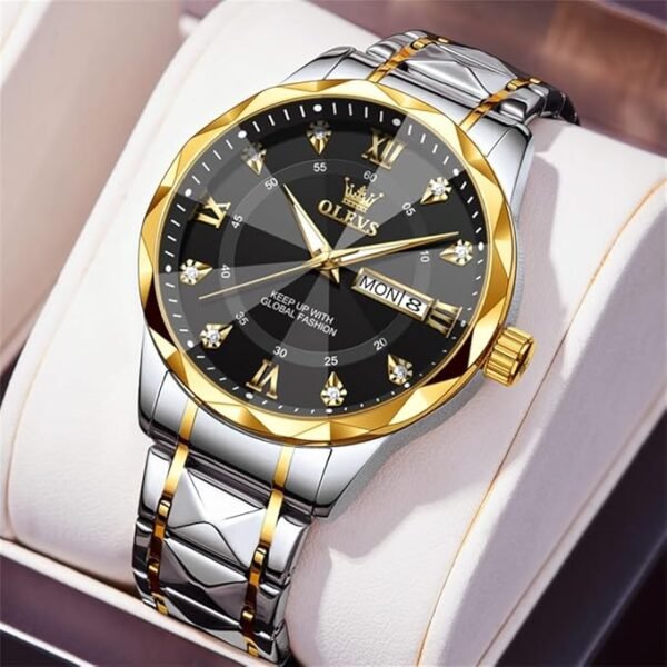 OLEVS Watches for Men Diamond Date Day Calendar Black Wrist Watches Quartz Analog Business Stainless Steel Two Tone Waterproof Luminous Men Watch - Image 2