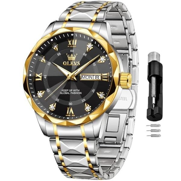 OLEVS Watches for Men Diamond Date Day Calendar Black Wrist Watches Quartz Analog Business Stainless Steel Two Tone Waterproof Luminous Men Watch