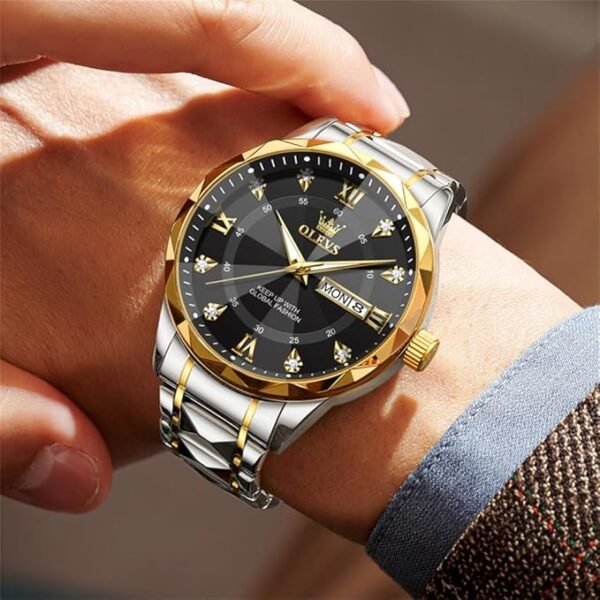 OLEVS Watches for Men Diamond Date Day Calendar Black Wrist Watches Quartz Analog Business Stainless Steel Two Tone Waterproof Luminous Men Watch - Image 3
