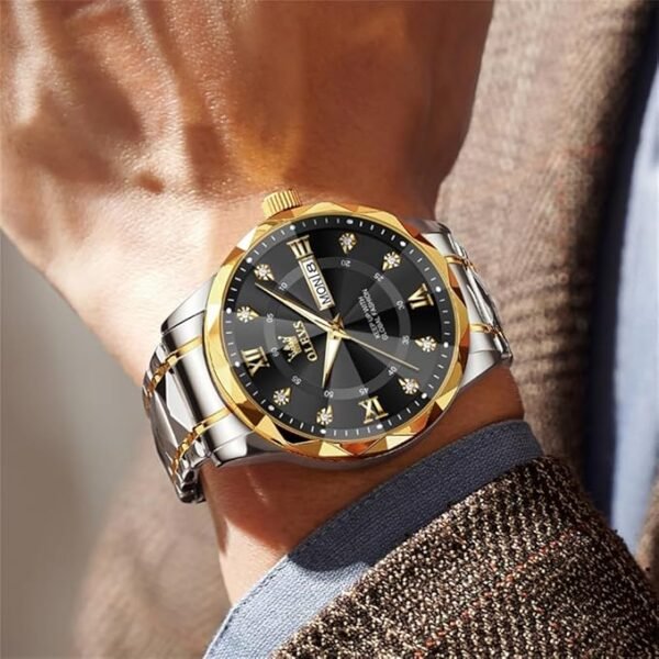 OLEVS Watches for Men Diamond Date Day Calendar Black Wrist Watches Quartz Analog Business Stainless Steel Two Tone Waterproof Luminous Men Watch - Image 5