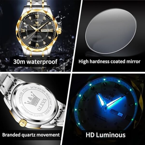 OLEVS Watches for Men Diamond Date Day Calendar Black Wrist Watches Quartz Analog Business Stainless Steel Two Tone Waterproof Luminous Men Watch - Image 4